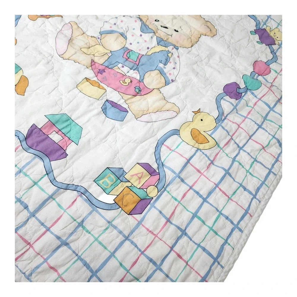 Vintage Teddy Bear Nursery Baby Quilt Reversible Footprint Grid Pastel 38x32
